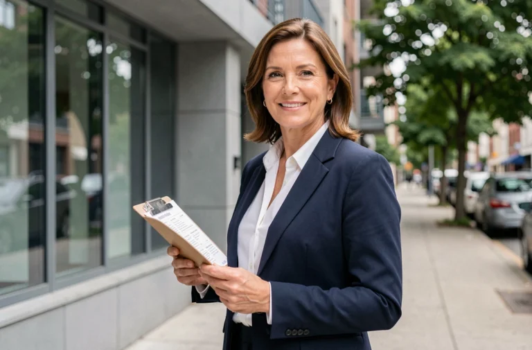 Agent immobilière professionnelle devant un immeuble résidentiel moderne tenant un dossier de biens immobiliers