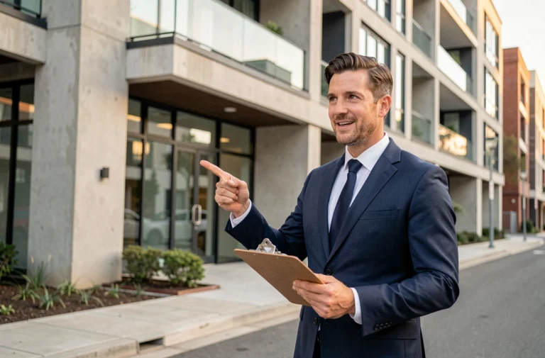Agent immobilier devant un immeuble résidentiel moderne expliquant les tendances du marché immobilier urbain