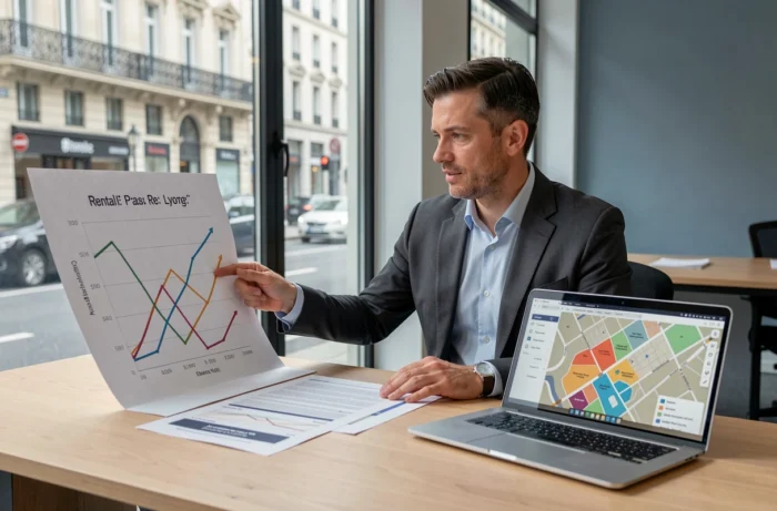 Agent immobilier lyonnais présentant les tendances des loyers dans une agence moderne avec graphiques de marché