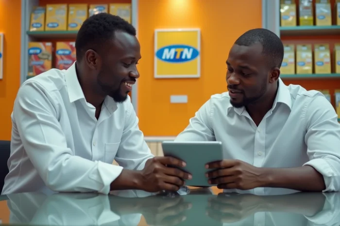 Agent MTN CI expliquant la procédure d'identification en ligne à un client dans une boutique de téléphonie mobile à Abidjan