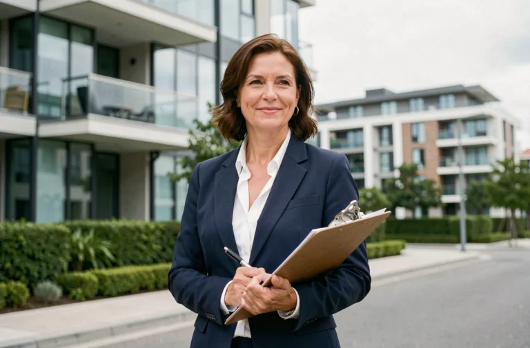 Agente immobilière professionnelle devant un immeuble moderne tenant des documents de vente immobilière