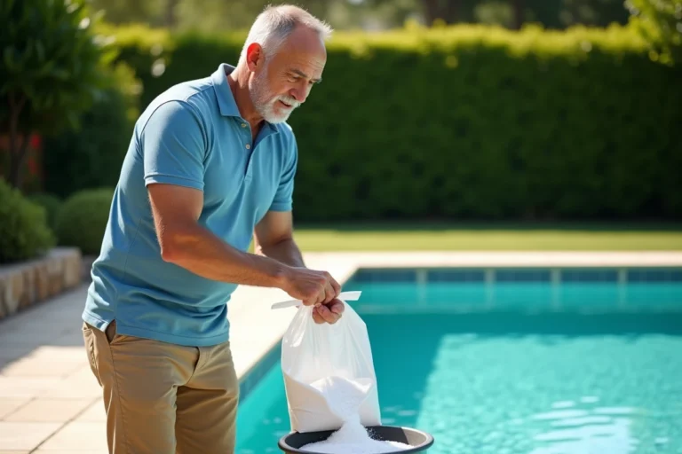 Homme versant du sel dans le skimmer d'une piscine pour un traitement optimal de l'eau