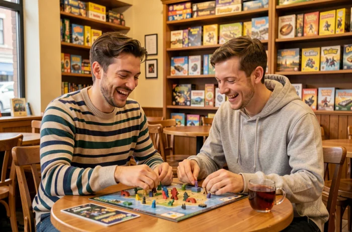 Deux amis jouant à un jeu de société dans un café chaleureux, moment de détente et de divertissement entre amis