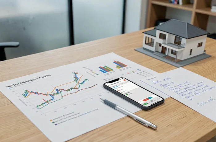 Analyse du marché immobilier 2024 avec graphiques de tendances des prix et maquette de maison sur un bureau professionnel