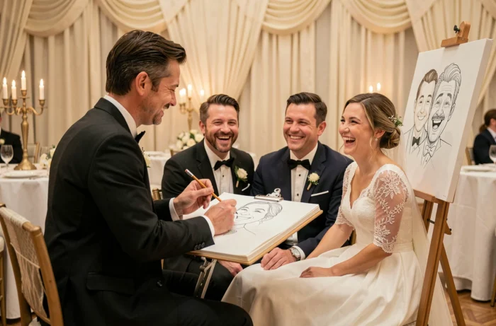 Caricaturiste dessinant un couple de mariés souriant lors d'une réception de mariage en salle