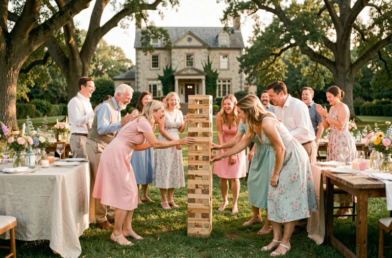 Invités de mariage jouant au Jenga géant lors d'une réception en plein air dans un jardin élégant