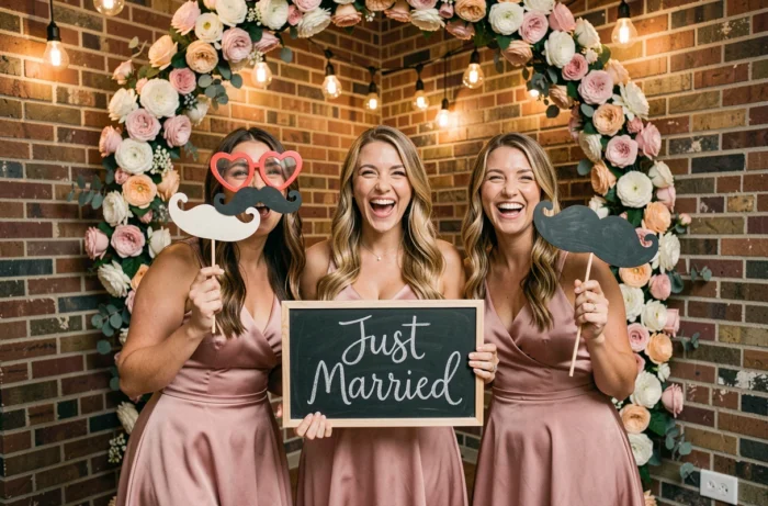 Trois demoiselles d'honneur posant avec des accessoires amusants dans un photobooth de mariage décoré