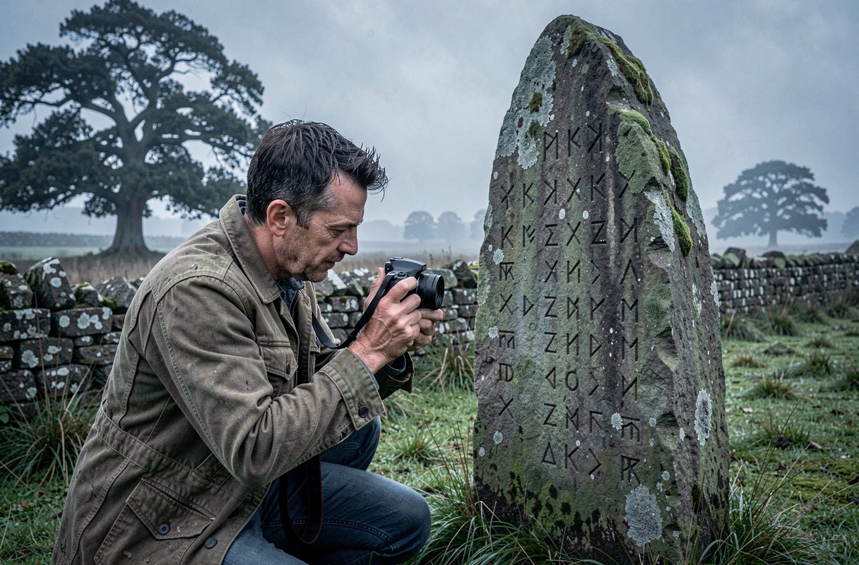 Archéologue photographiant des runes Bourzeix gravées sur une pierre levée dans la campagne française