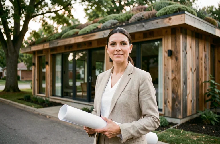 Femme architecte tenant des plans devant une maison écologique à toiture végétalisée et bardage en bois recyclé