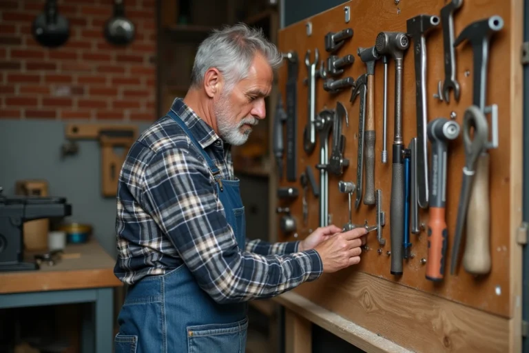 Homme bricoleur organisant ses outils sur un panneau perforé en bois dans un atelier de maison rustique