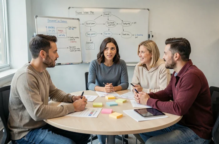 Groupe de professionnels participant à un atelier de formation collaborative autour d'une table dans une salle de formation moderne