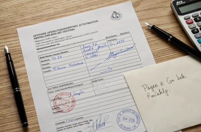 Gros plan sur une attestation de loyer CAF remplie posée sur un bureau avec un stylo et une enveloppe