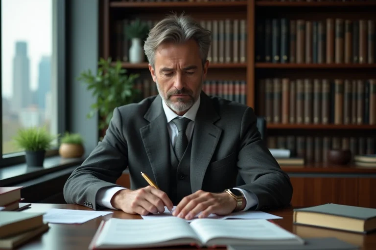 Avocat en costume gris examinant des documents juridiques sur un bureau en bois dans un cabinet d'avocat