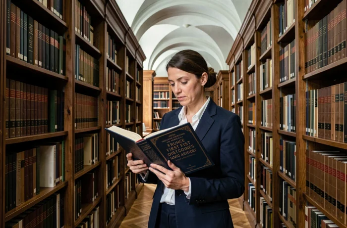 Bibliothécaire française consultant un ouvrage de référence sur l'étymologie et l'origine des prénoms français dans une bibliothèque classique parisienne