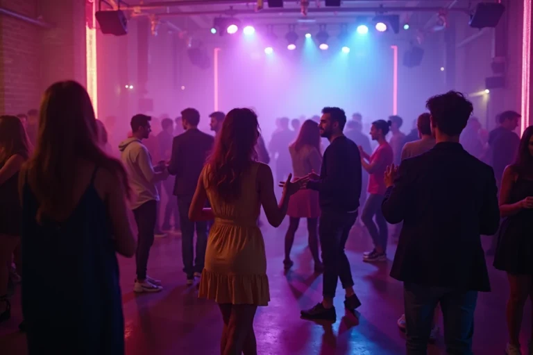 Intérieur animé d'une boîte de nuit à Rennes avec des jeunes adultes qui dansent sous des néons colorés