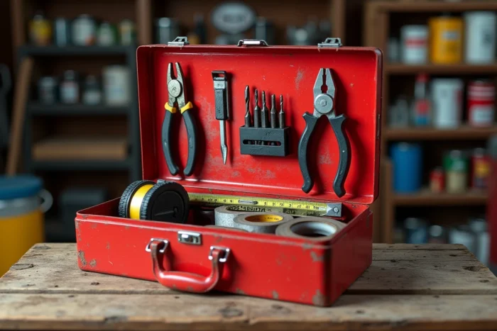 Boîte à outils rouge ouverte sur un établi en bois présentant l'équipement essentiel pour le bricolage à domicile