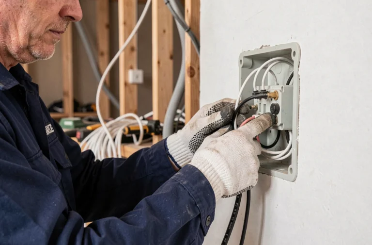 Électricien professionnel connectant des fils blancs et noirs dans un boîtier de jonction mural lors de travaux de rénovation résidentielle