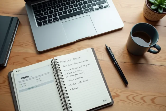 Vue aérienne d'un bureau avec ordinateur affichant l'archivage de commandes Amazon, carnet de notes et tasse de café