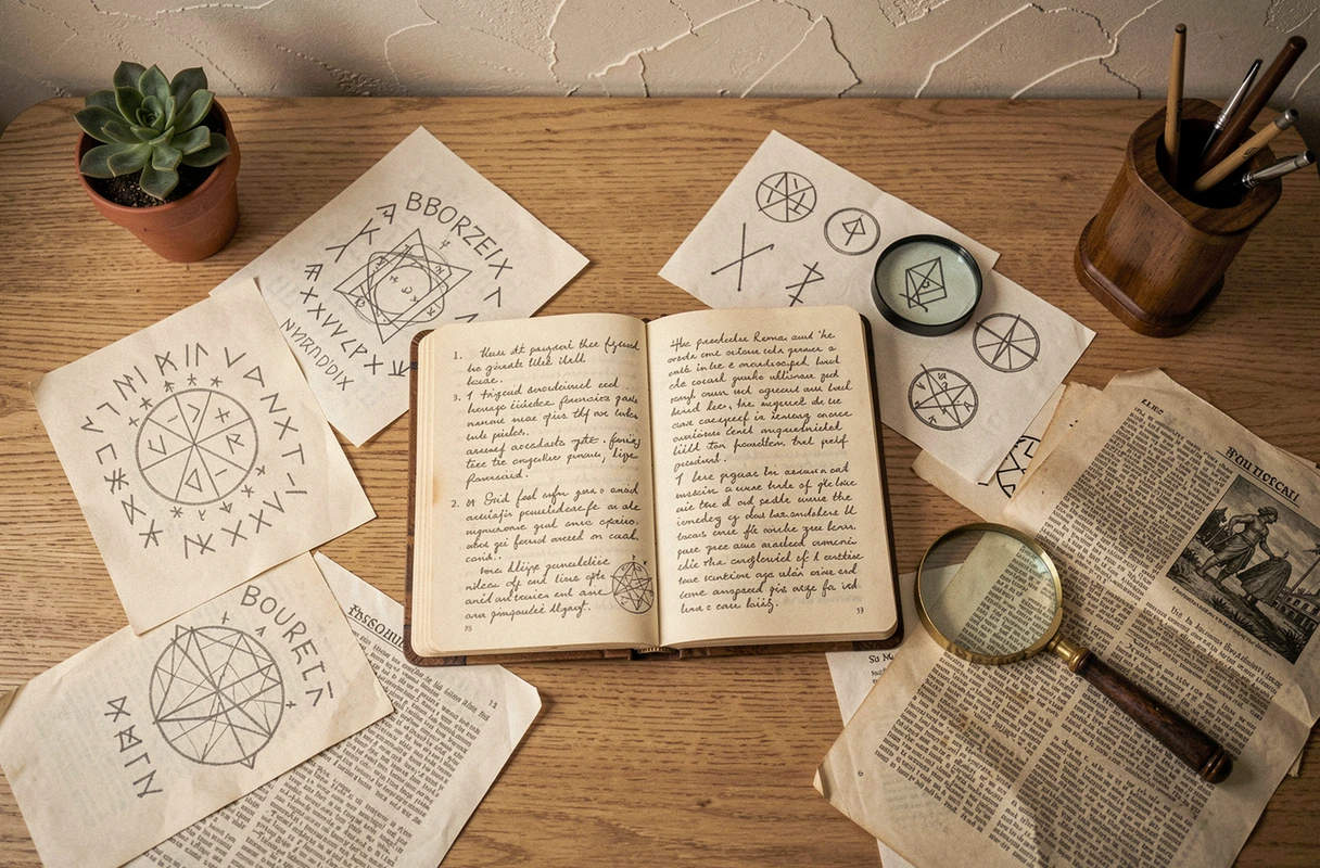 Bureau de recherche avec dessins à la main de runes Bourzeix, manuscrits et annotations sur les symboles runiques