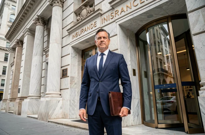 Cadre dirigeant en costume devant le siège social d'une grande compagnie d'assurance européenne, illustrant la gouvernance et la rémunération des dirigeants