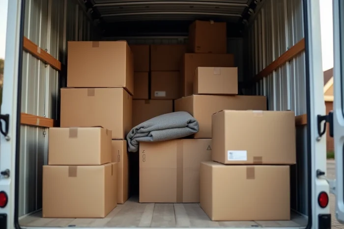 Intérieur d'un camion 10m3 chargé avec des cartons de déménagement et des meubles emballés