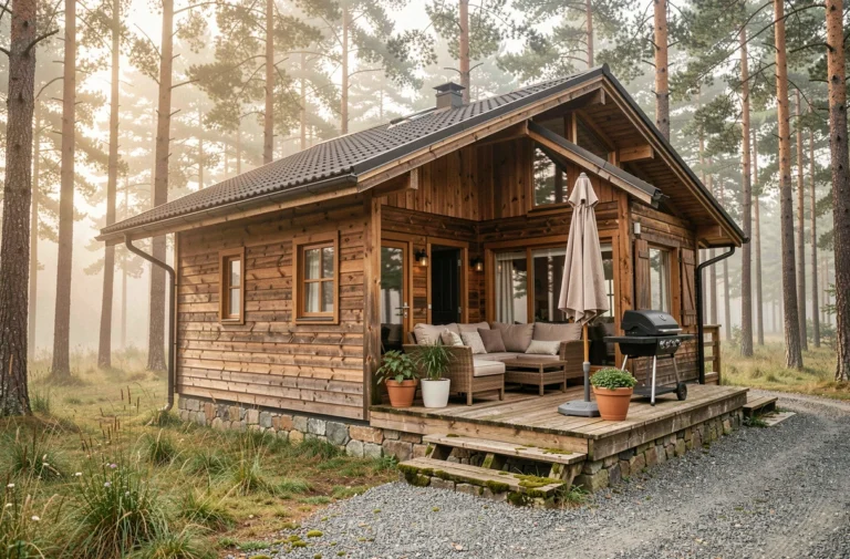 Chalet tout équipé avec terrasse en bois et mobilier de jardin près d'un camping forestier style gare