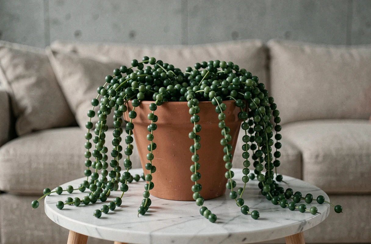 Plante succulente retombante chapelet de perles en pot en terre cuite sur table en marbre dans un salon scandinave moderne