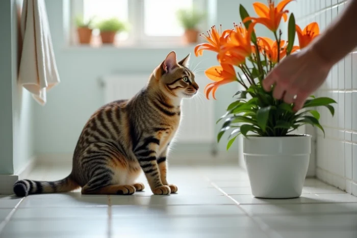 Chat domestique assis près d'un pot de lys tigre orange dans une salle de bain, avec une main d'adulte écartant la plante toxique pour protéger l'animal