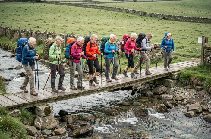 Club de randonnée seniors traversant un pont en bois en campagne lors d'une sortie conviviale
