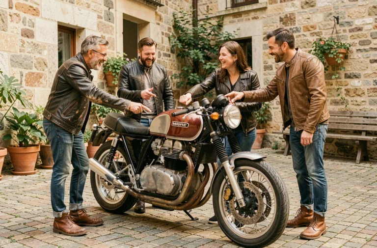 Groupe de motards passionnés réunis autour d'une moto classique dans une cour pavée, échangeant des conseils entre amateurs de moto
