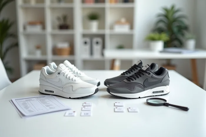 Comparaison côte à côte d'une Nike authentique et d'une contrefaçon pour identifier les différences du numéro de série