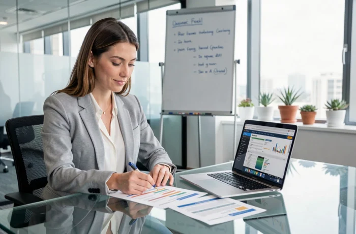 Professionnelle comparant des tableaux de fonctionnalités pour choisir une alternative à un outil de gestion en entreprise