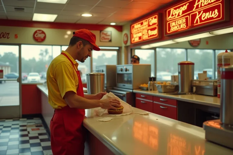 Employé en uniforme vintage derrière un comptoir de fast-food américain rétro des années 1960, ambiance nostalgique et authentique