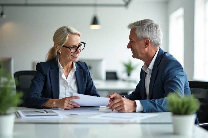 Conseiller en assurance habitation expliquant les démarches de résiliation à un client dans un bureau professionnel