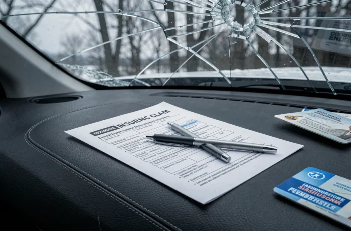 Formulaire de constat amiable et documents d'assurance sur le tableau de bord après un accident de voiture avec un sanglier