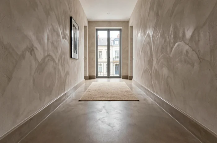 Couloir en béton ciré taupe avec plinthes en stuc intégrées et perspective architecturale symétrique