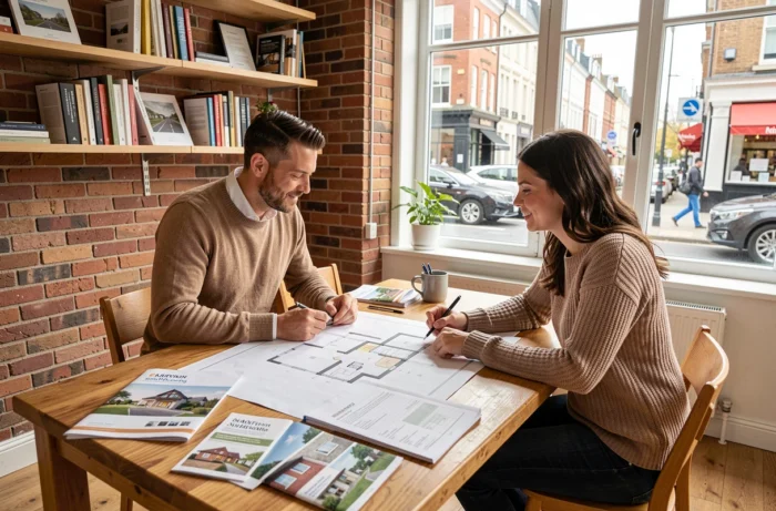 Couple consultant des plans immobiliers avec un agent dans une agence immobilière moderne