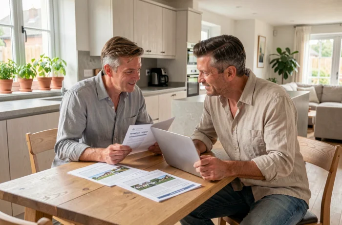 Couple consultant des annonces immobilières et un ordinateur portable pour l'achat d'un bien immobilier