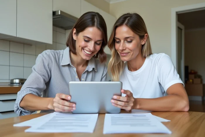 Couple en train d'effectuer leurs démarches administratives de déménagement en ligne avec tablette et documents sur une table de cuisine