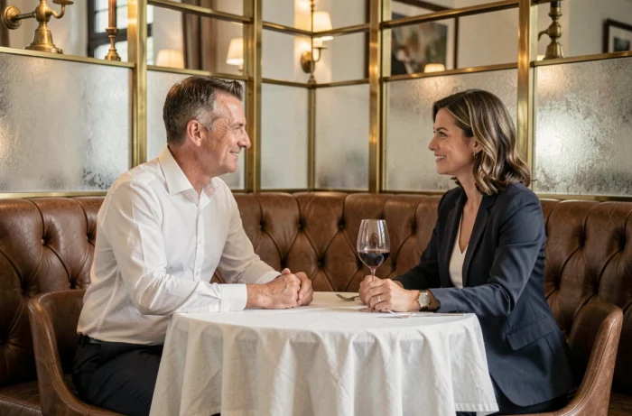 Couple attablé dans une brasserie parisienne raffinée lors d'un dîner intime en tête-à-tête