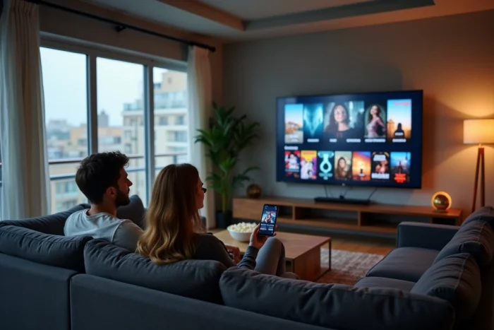 Couple regardant légalement un film sur une smart TV via une application de streaming dans leur appartement moderne