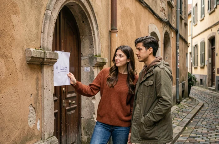 Couple de locataires potentiels lisant une annonce de location devant une entrée de traboule dans le quartier Croix-Rousse à Lyon