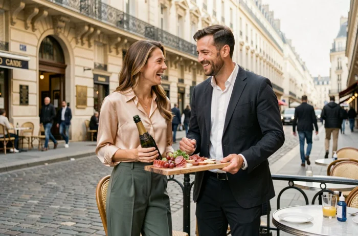 Couple de mariés profitant d'un repas romantique en terrasse de brasserie parisienne pendant leur lune de miel