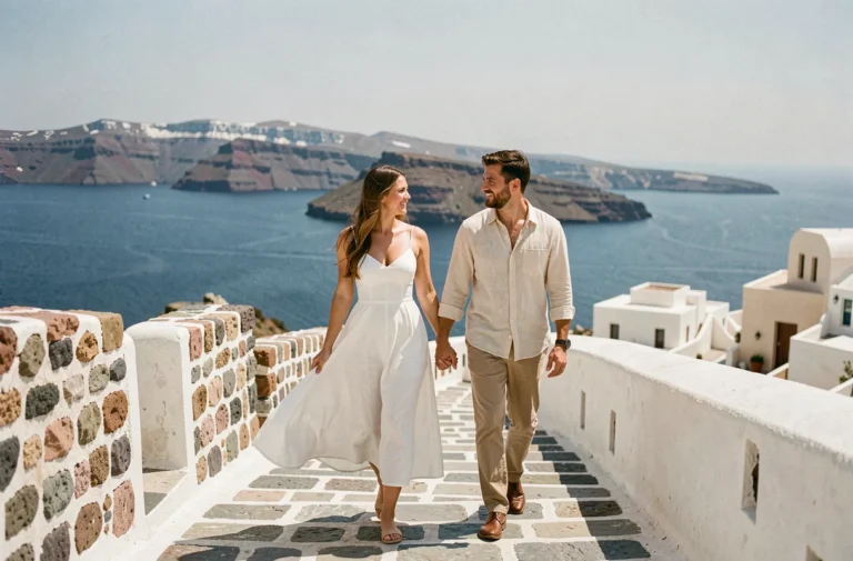 Couple de jeunes mariés se promenant main dans la main sur les chemins de Santorin lors de leur voyage de noces