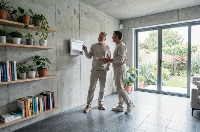 Couple examinant un panneau de suivi énergétique dans un intérieur minimaliste à matériaux durables et plantes vertes