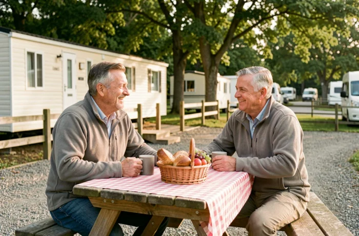 Couple profitant du petit-déjeuner en terrasse devant un hébergement de camping tout équipé en pleine nature