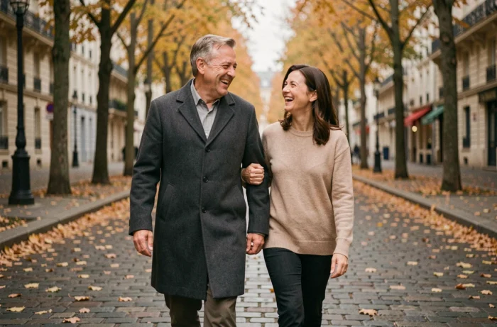 Couple se promenant sur un boulevard parisien en automne, partageant un moment complice et détendu