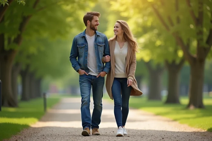 Couple se promenant dans un parc verdoyant, portrait de la vie personnelle de Nabil Fekir et sa femme
