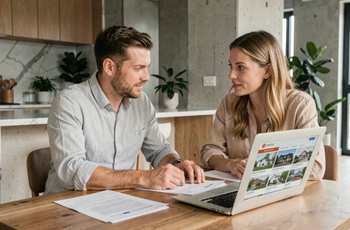 Couple étudiant des documents immobiliers sur un ordinateur portable dans un appartement contemporain