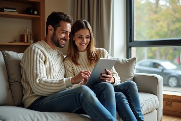 Couple cherchant un bien immobilier ensemble sur une tablette dans un salon confortable